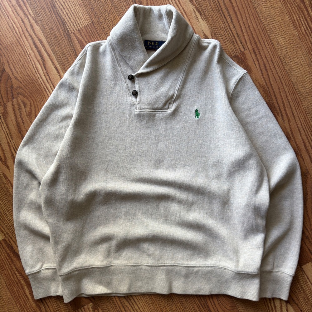 Polo Ralph Lauren Shawl Collar Sweatshirt Men's L Oatmeal Beige Preppy
